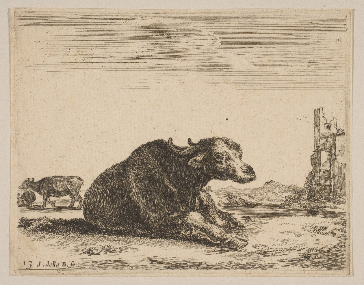 Tavola 13: bufalo sdraiato, da Vari animali Diversi animali, ca. 1641 da Stefano della Bella