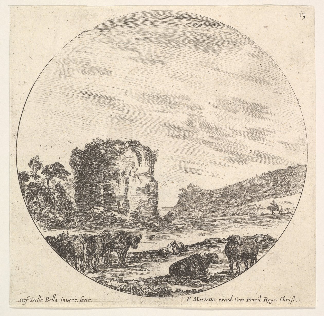 Tavola 13: rovine di un antico tempio sullo sfondo, un gregge di mucche in primo piano, ca. 1643-48 da Stefano della Bella
