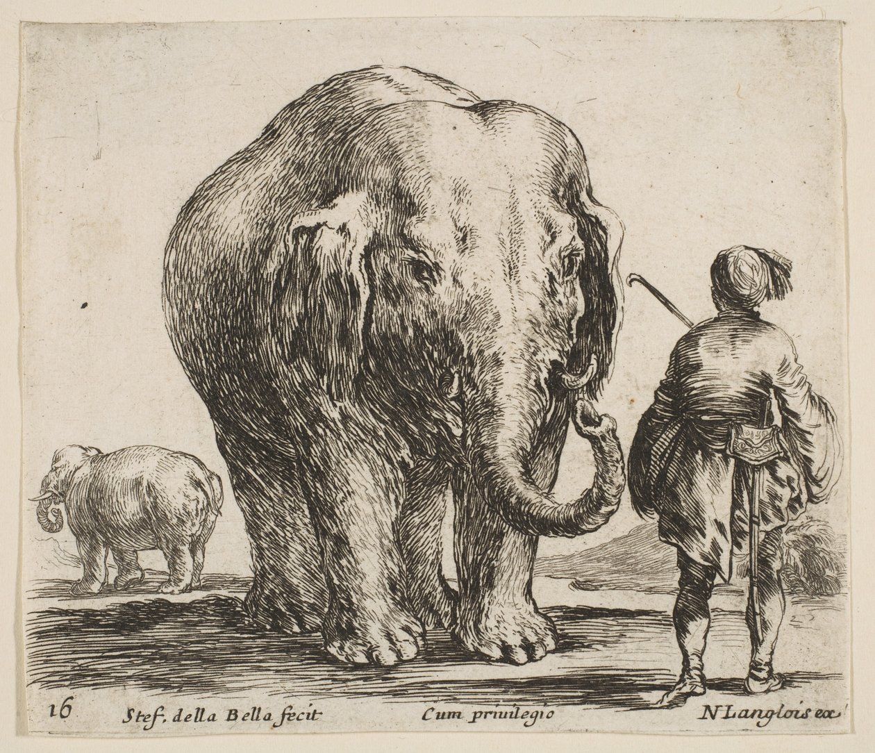 Tavola 16: un elefante al centro, il suo mahout in piedi a destra con un copricapo orientale, ca. 1644-47 da Stefano della Bella