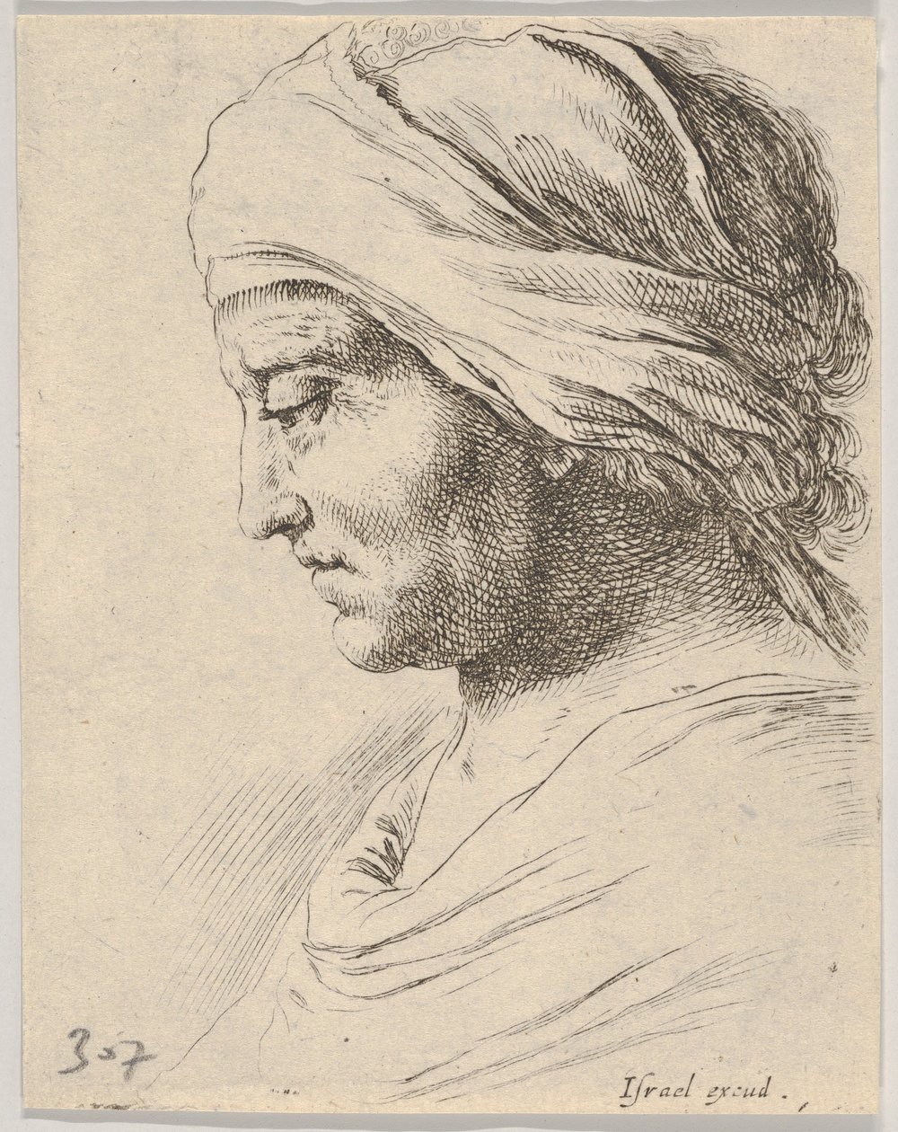 Piatto 16: testa di un vecchio di profilo con un panno legato intorno alla testa, da The B..., ca. 1649 da Stefano della Bella