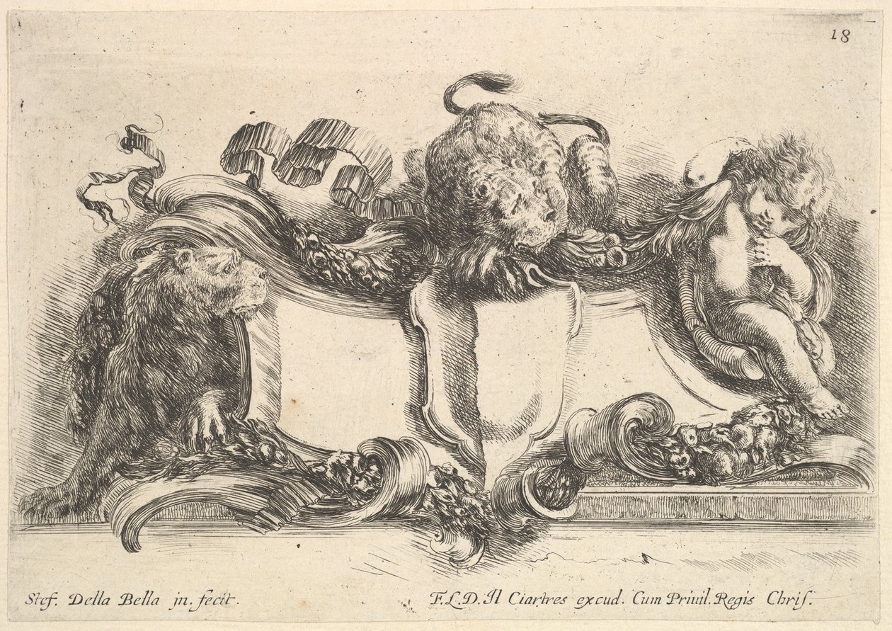 Tavola 18: un cartiglio contenente uno stemma vuoto, due leonesse, una a sinistra e una al centro, 1646 da Stefano della Bella