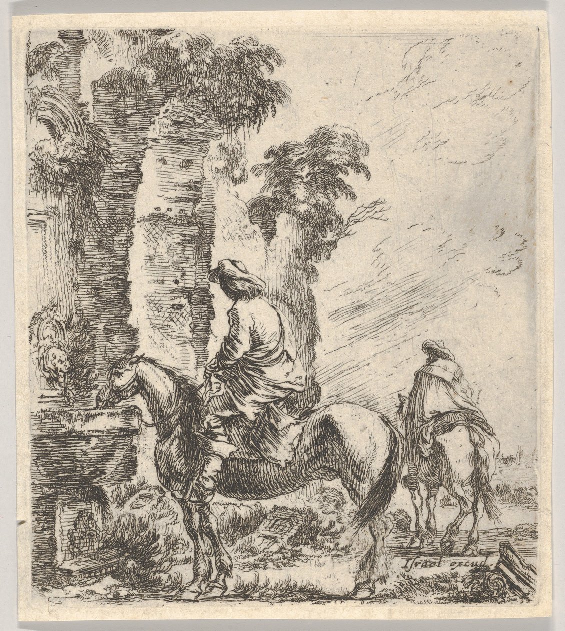 Cavaliere che fa bere il suo cavallo da una fontana, ca. 1646 da Stefano della Bella