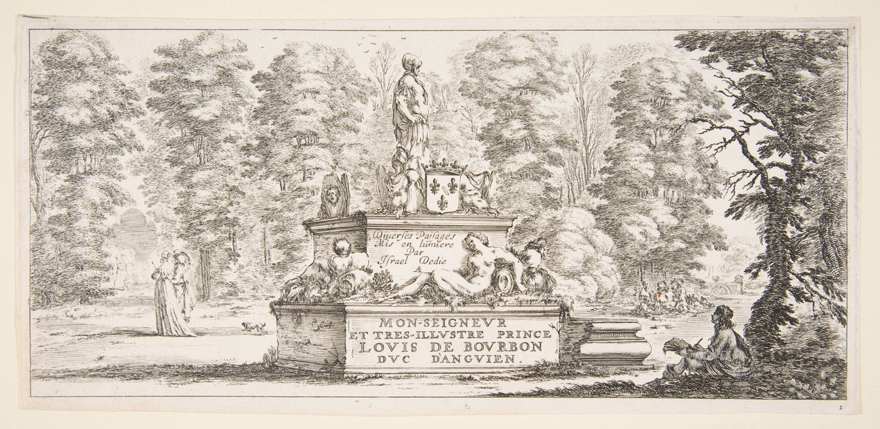 Un monumento con statue e uno stemma al centro, un disegnatore su... da Stefano della Bella
