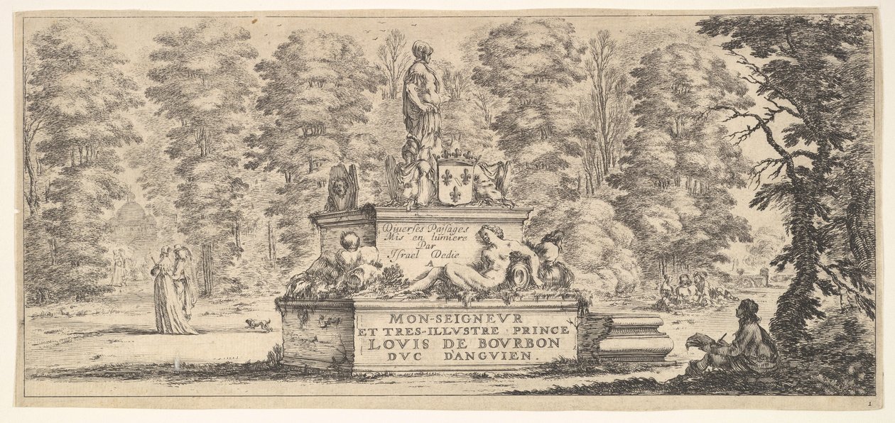 Tavola 1: un monumento con statue e uno stemma al centro, un disegnatore su th..., ca. 1641 da Stefano della Bella