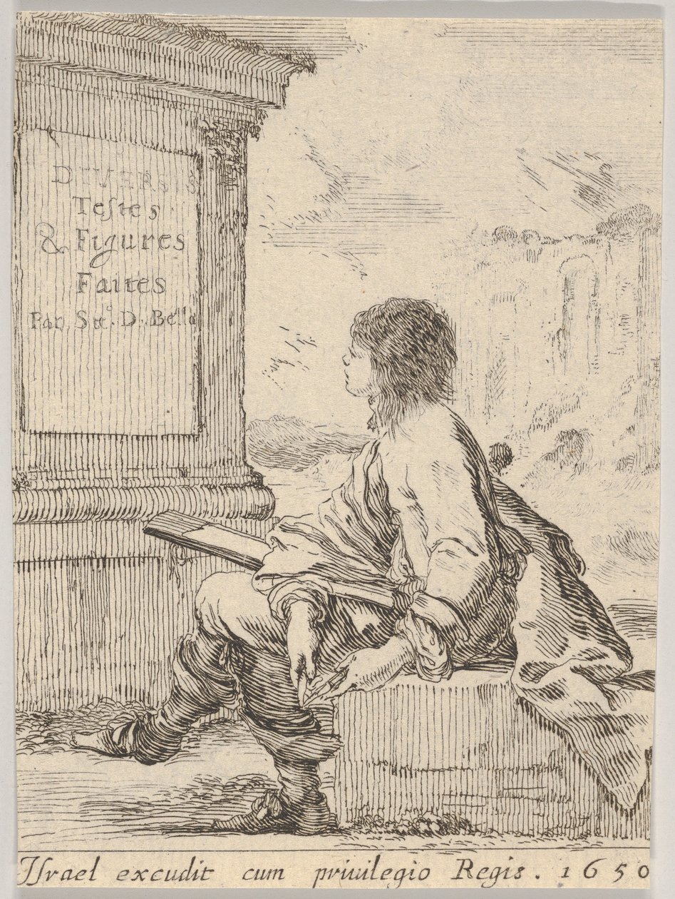 Tavola 1: un giovane seduto su una pietra, rivolto a sinistra in profilo, con un blocco da disegno, 1650 da Stefano della Bella