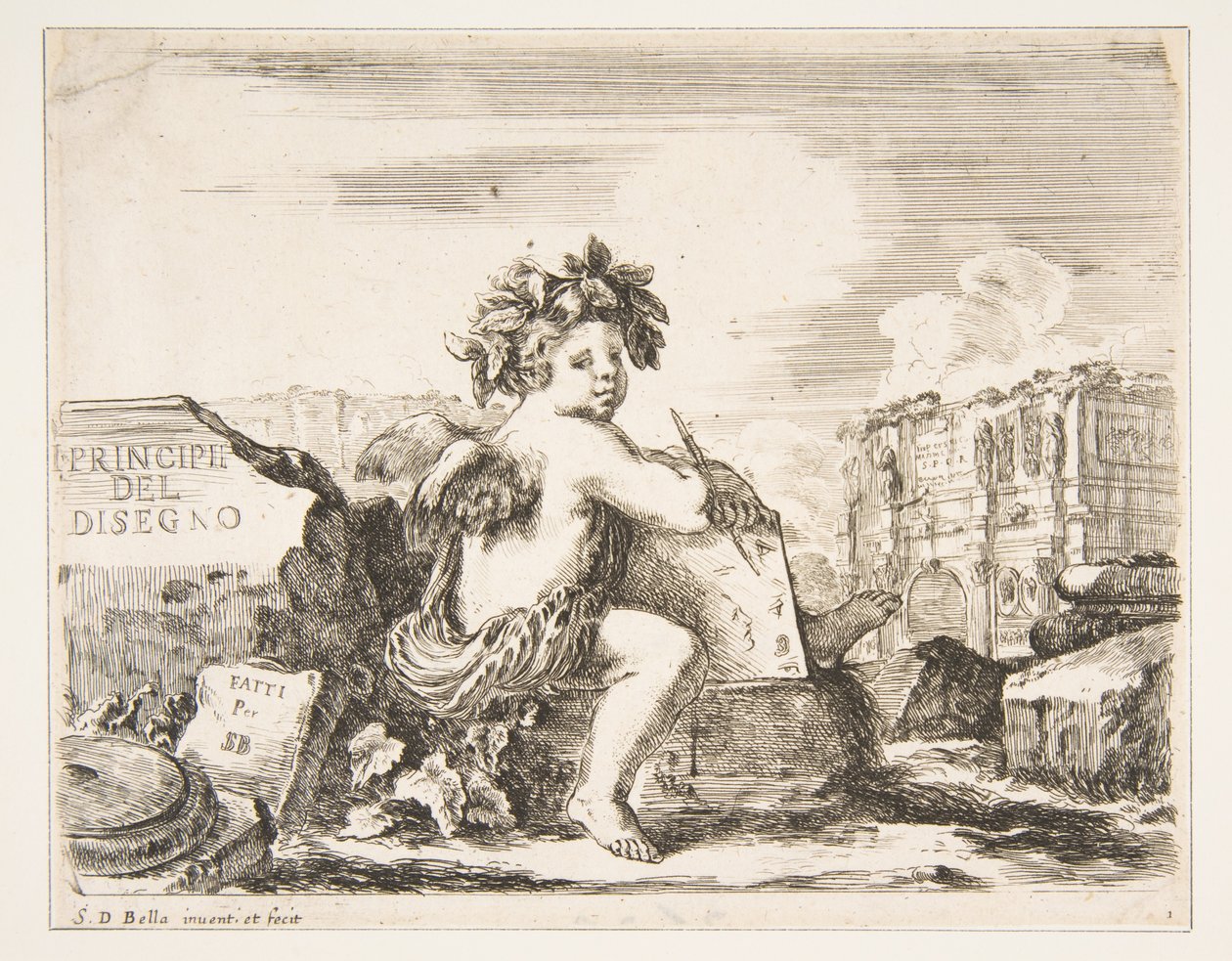 Il genio del disegno, un bambino con ali, seduto su una roccia al centro, ca. 1641-43 da Stefano della Bella