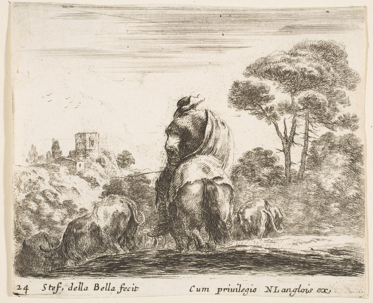 Tavola 24: mandriano a cavallo, visto da dietro, guida il suo bestiame giù per una collina, ca. 1644-47 da Stefano della Bella