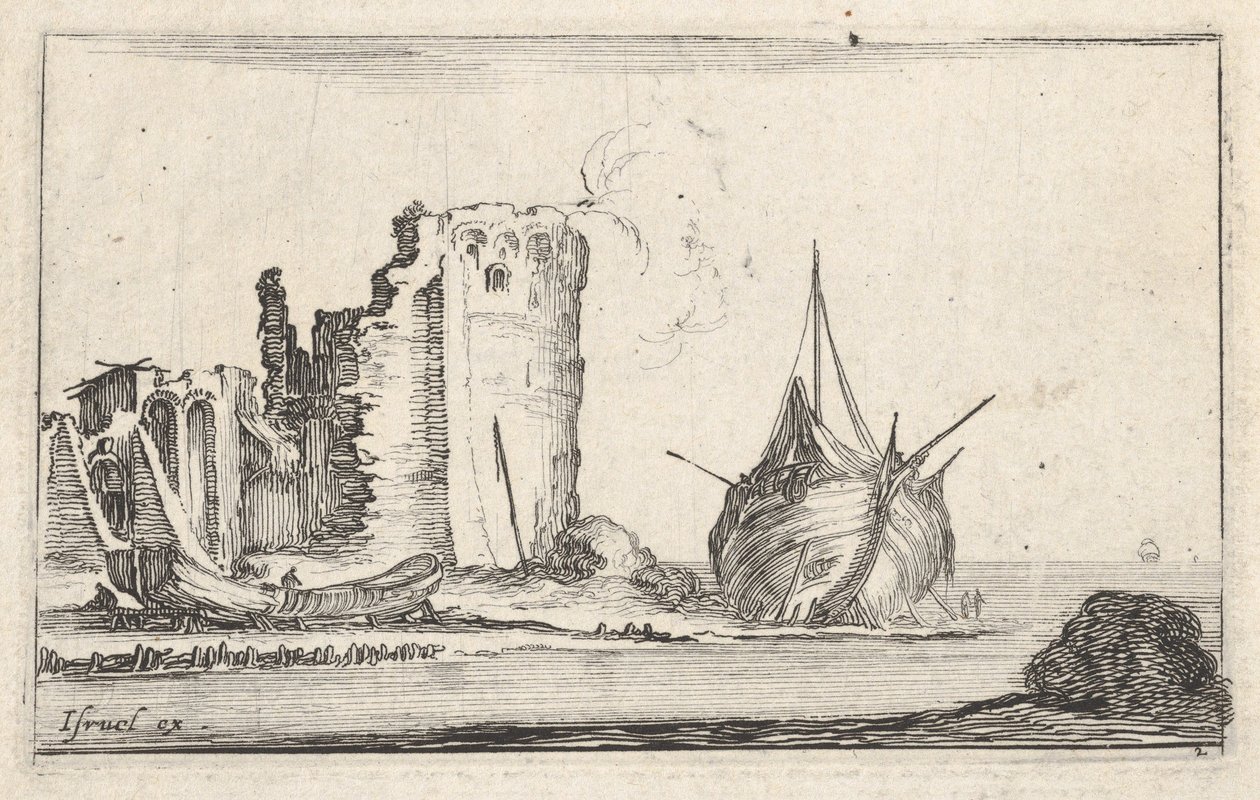 Piatto 2: una nave a destra e una barca a remi a sinistra, arenata sulla riva, una torre in rovina da Stefano della Bella