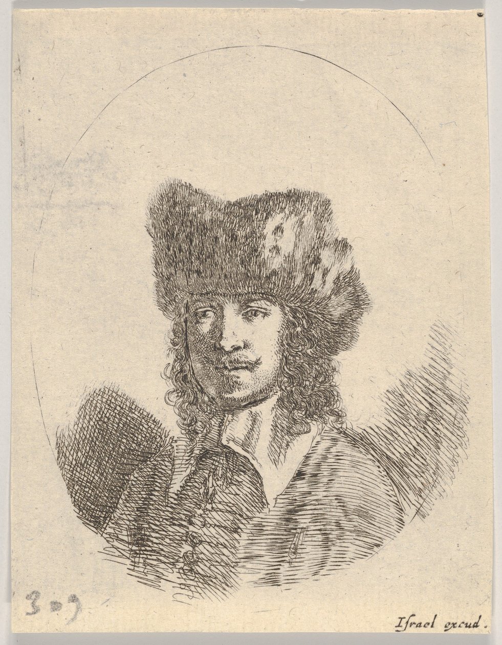 Tavola 2: testa di un uomo con baffi e cappello di pelliccia rivolto a sinistra, una composizione ovale, 1650 da Stefano della Bella