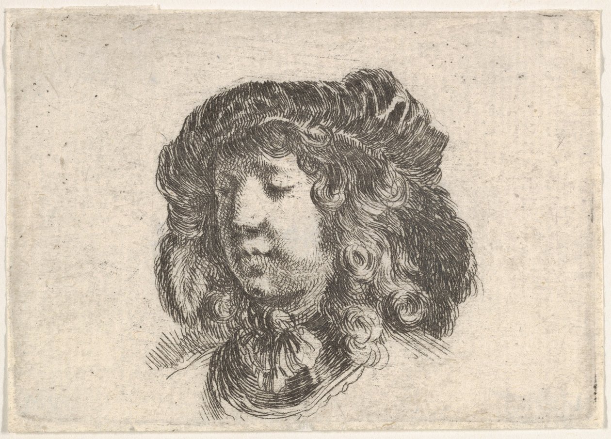 Testa di un giovane con un cappello adornato di alcune piume, girato tre quarti, ca. 1646 da Stefano della Bella