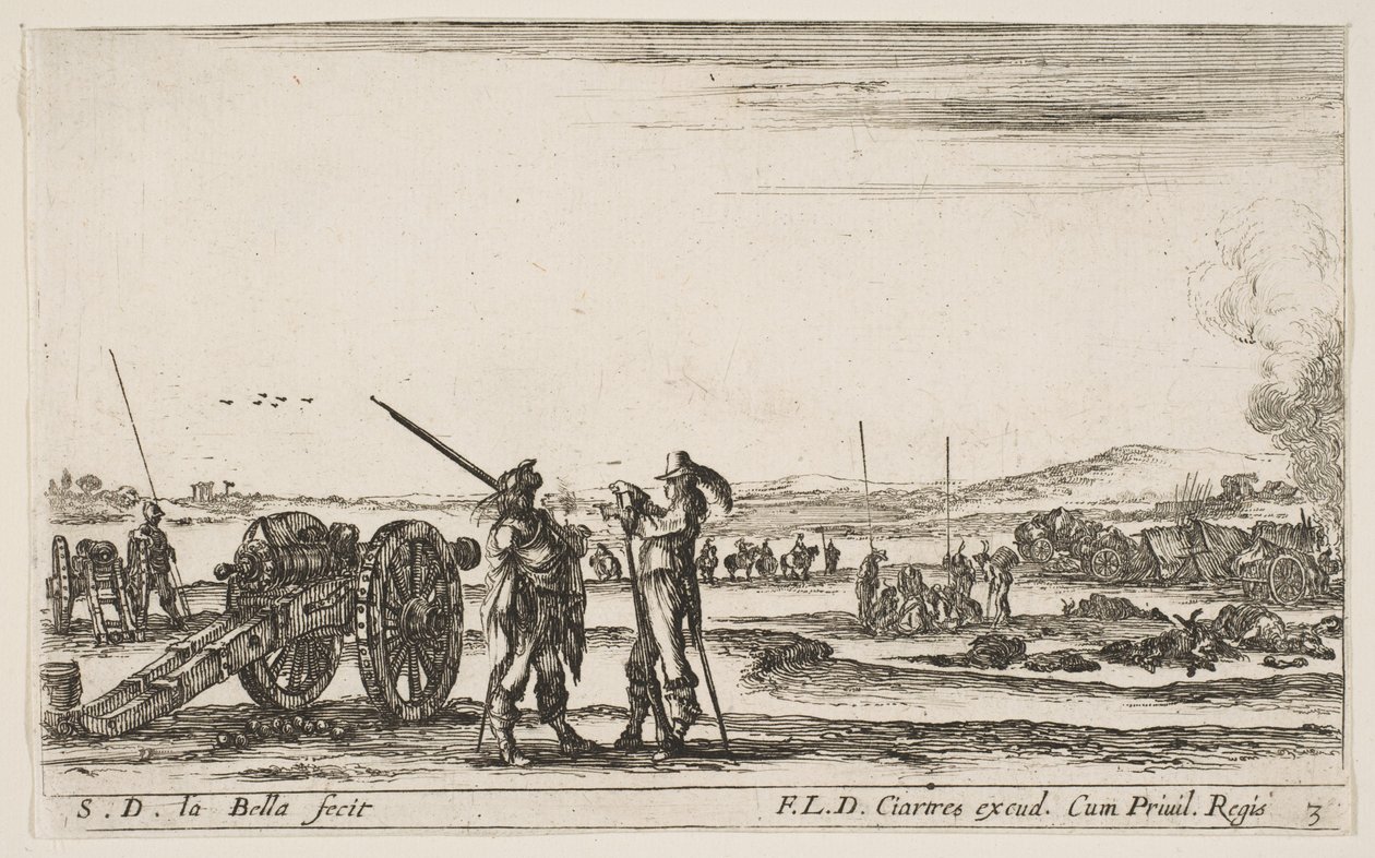 Tavola 3: un ufficiale che dà ordini a un soldato in primo piano, cannone a sinistra, ca. 1641 da Stefano della Bella