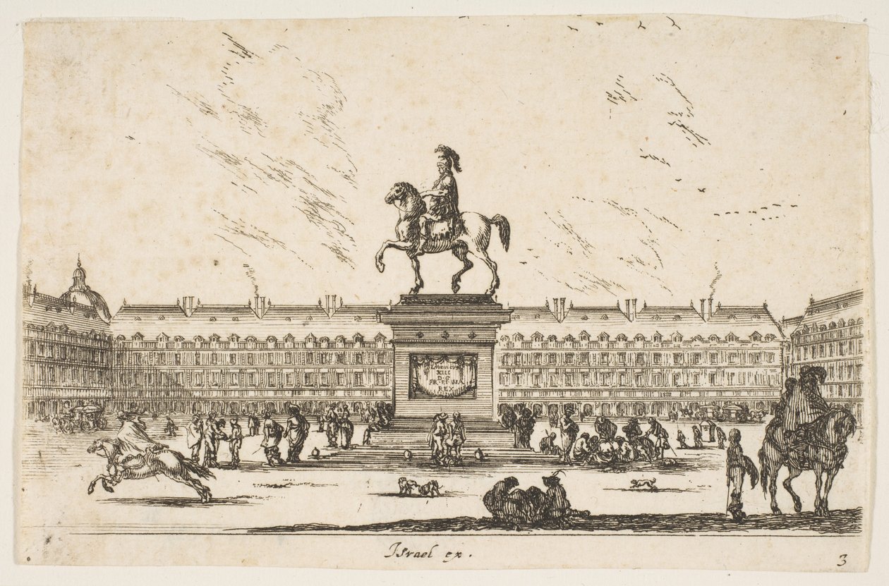 Tavola 3: La Place Royale, statua equestre di Luigi XIII in profilo rivolto a sinistra..., 1642 da Stefano della Bella