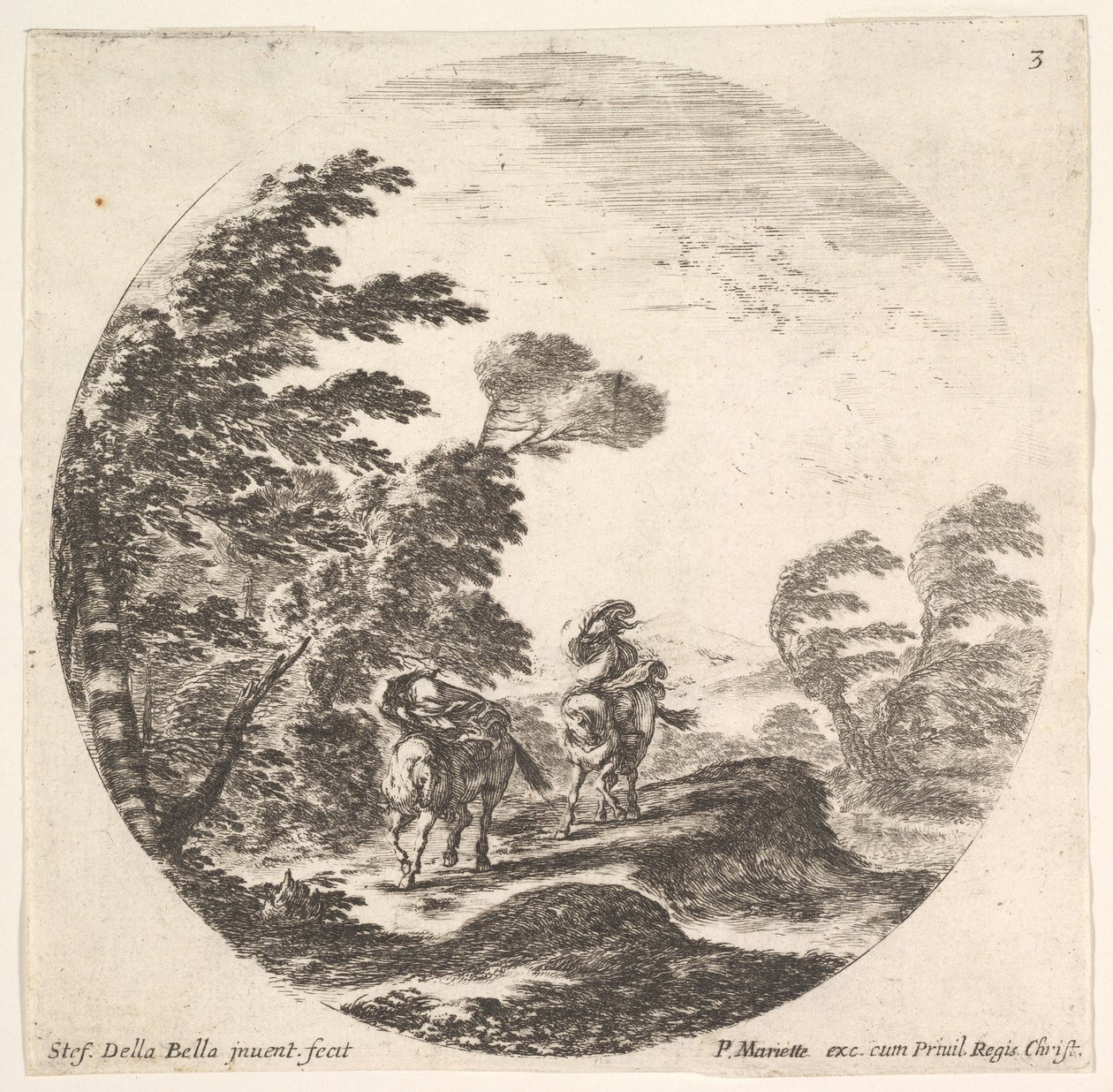 Tavola 3: una tempesta nella foresta, due cavalieri avvolti nei loro mantelli, il vento soffia da Stefano della Bella