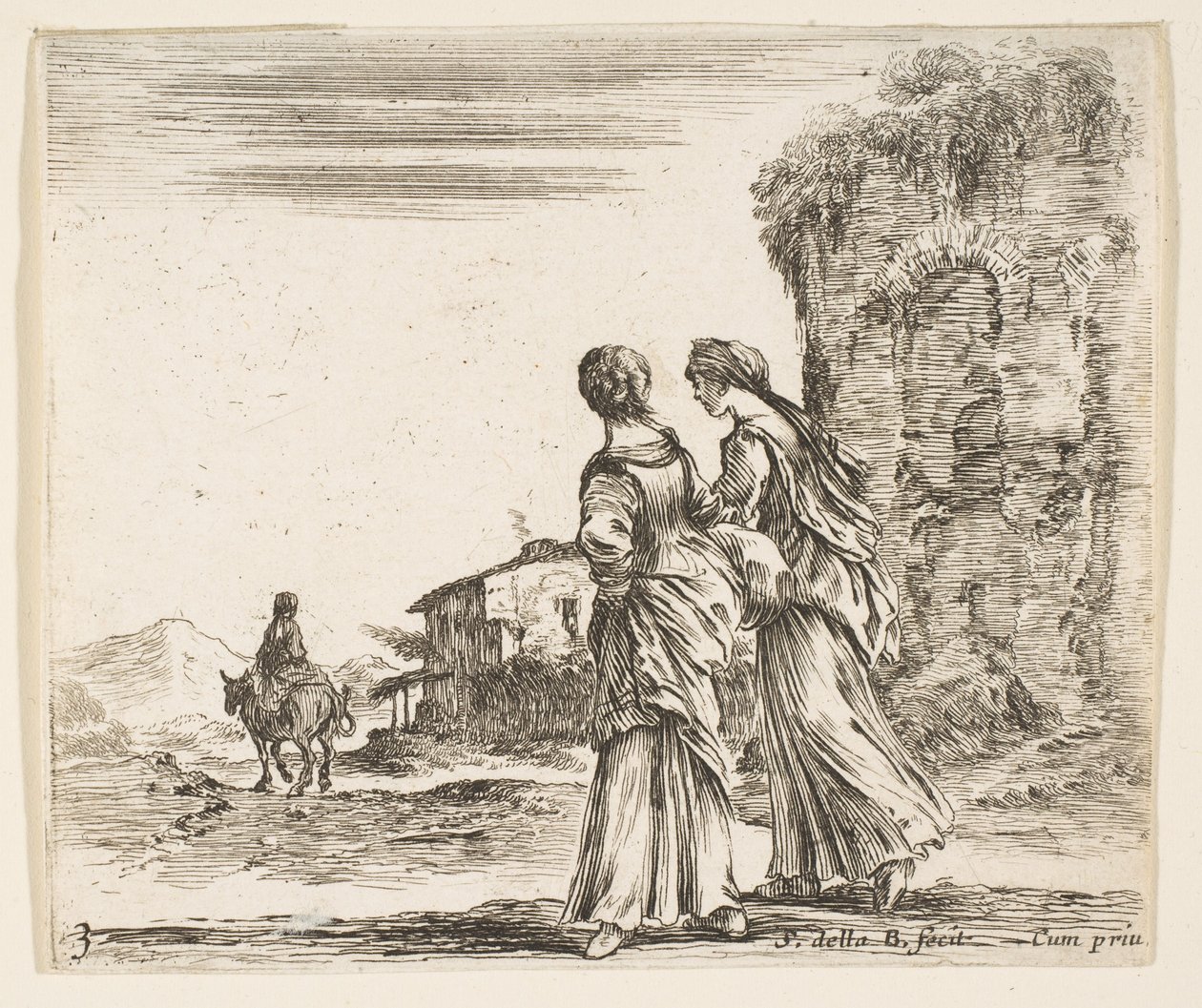 Tavola 3: due ragazze che camminano verso sinistra, viste da dietro, una donna a cavallo t..., ca. 1644-47 da Stefano della Bella