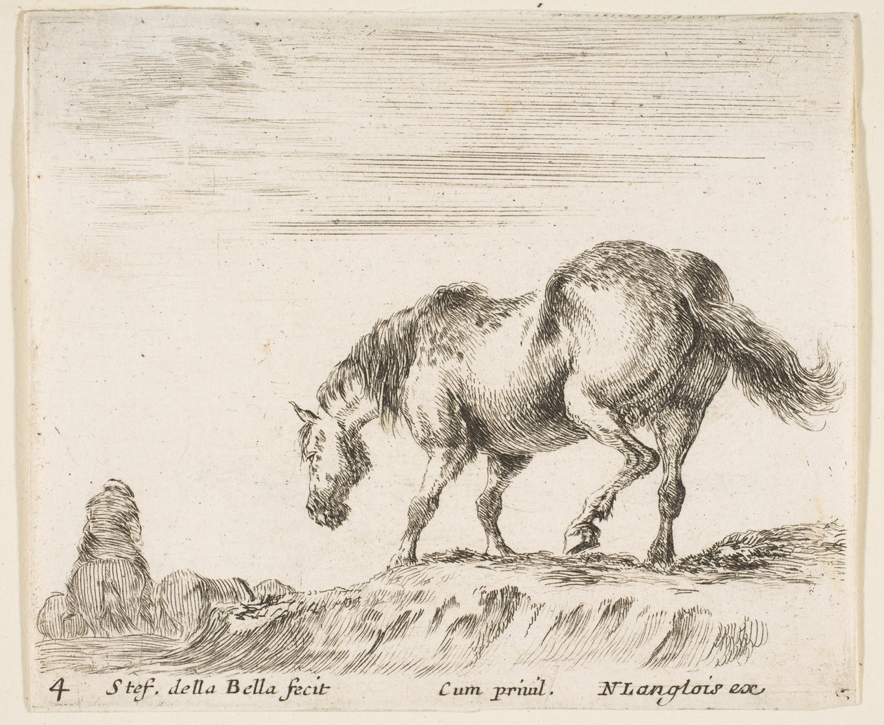 Tavola 4: un cavallo di profilo rivolto a sinistra, in procinto di scendere da un tumulo, un cavallo..., ca. 1644-47 da Stefano della Bella