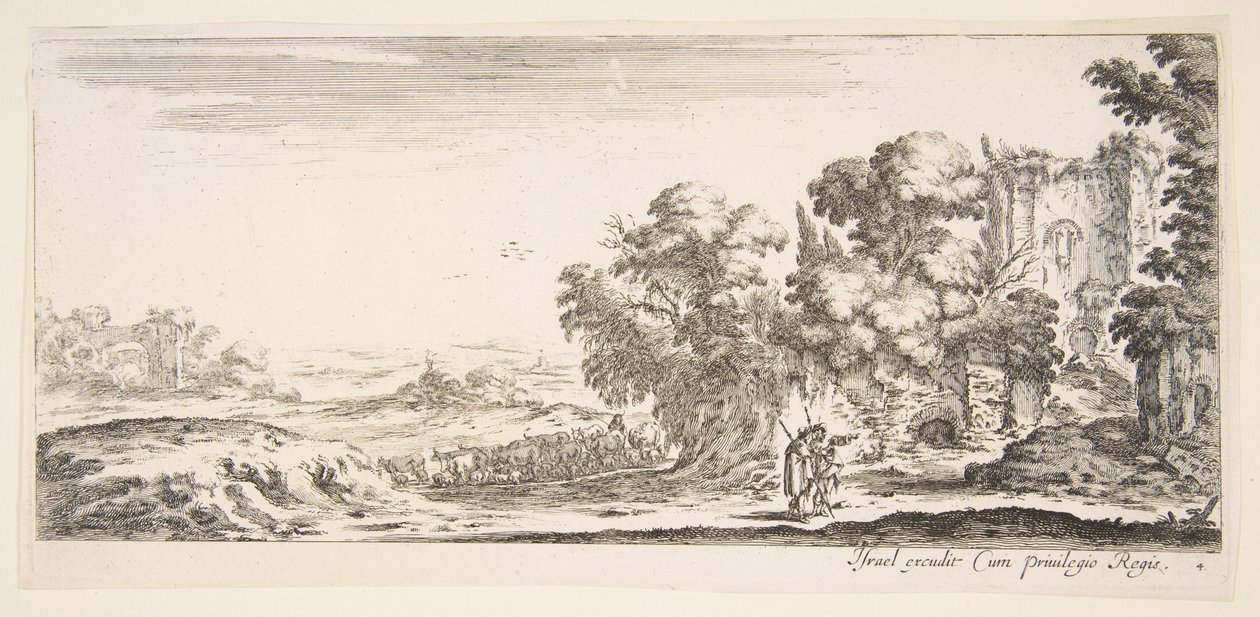 Due pellegrini osservano rovine a destra, uno indica verso destra, un pastore, ca. 1641 da Stefano della Bella