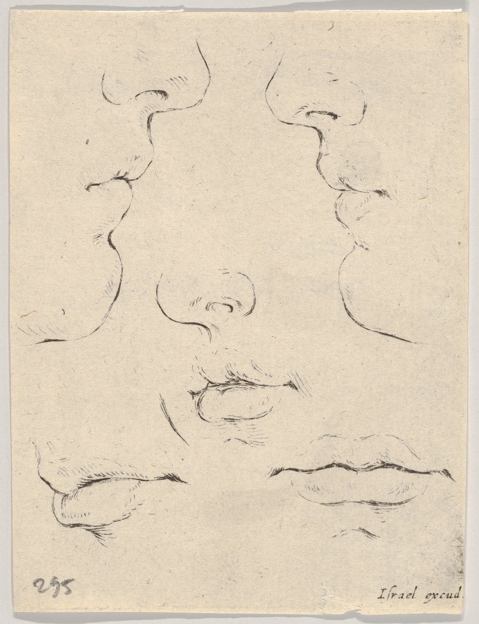 Tavola 4: due profili e tre bocche, da Il libro per imparare a disegnare Livre po..., ca. 1649 da Stefano della Bella