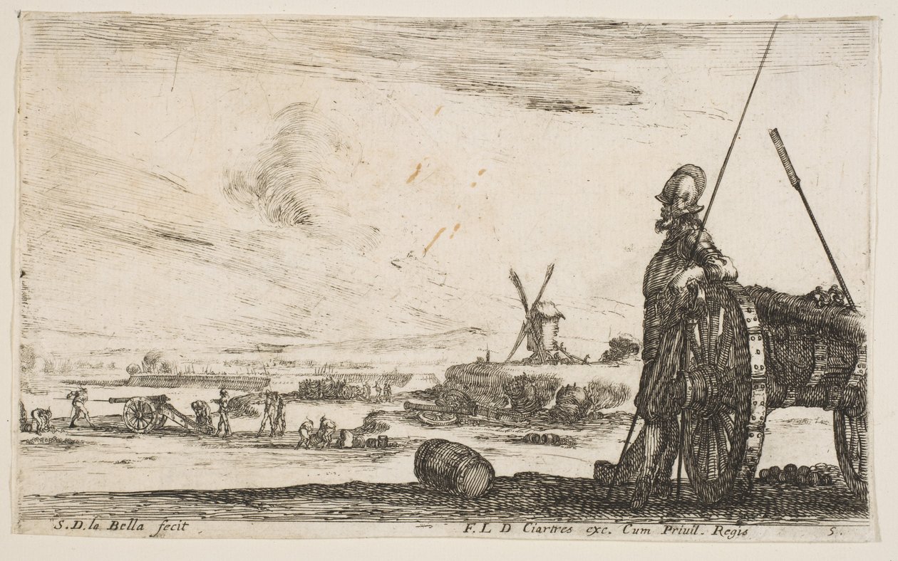 Piatto 5: Un picchiere in piedi a destra accanto a un cannone, altre figure militari..., ca. 1641 da Stefano della Bella