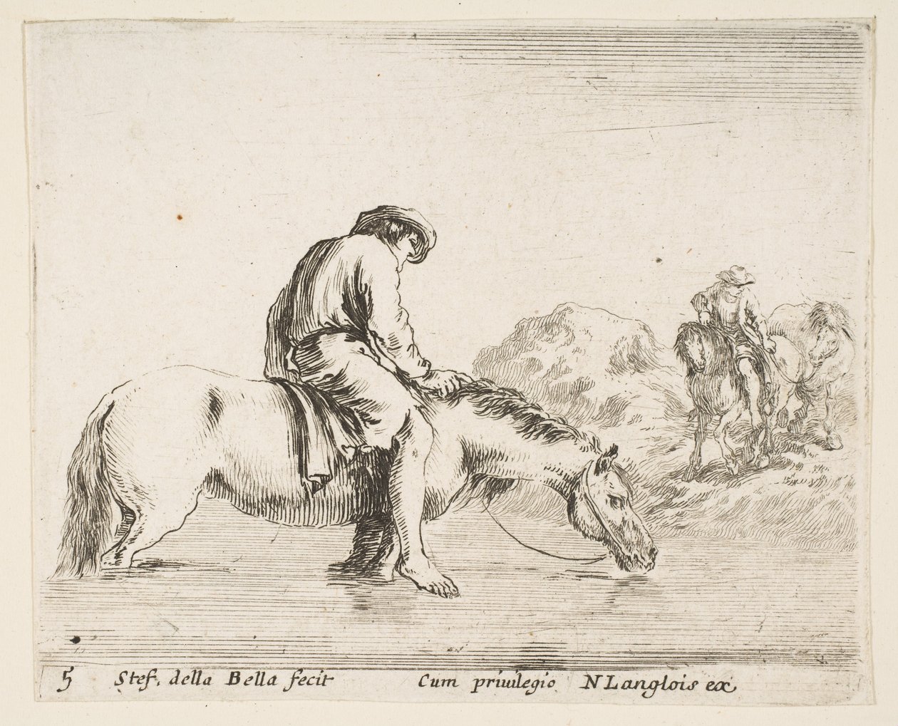 Tavola 5: un contadino a piedi nudi a cavallo che attraversa un fiume, un altro contadino a cavallo..., ca. 1644-47 da Stefano della Bella