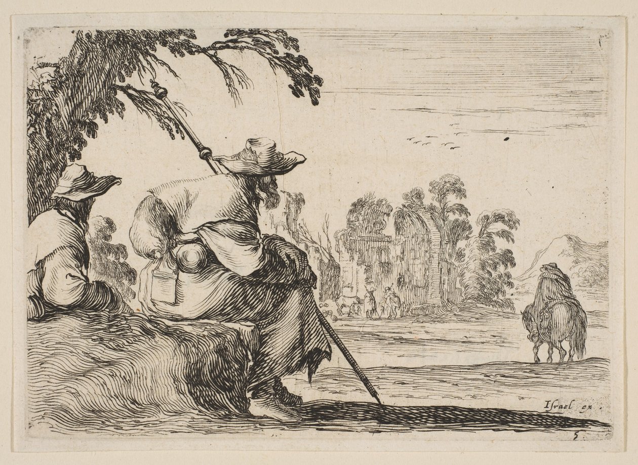 Due pellegrini con cappelli riposano a sinistra, visti da dietro, un cavaliere cavalca verso, 1642 da Stefano della Bella