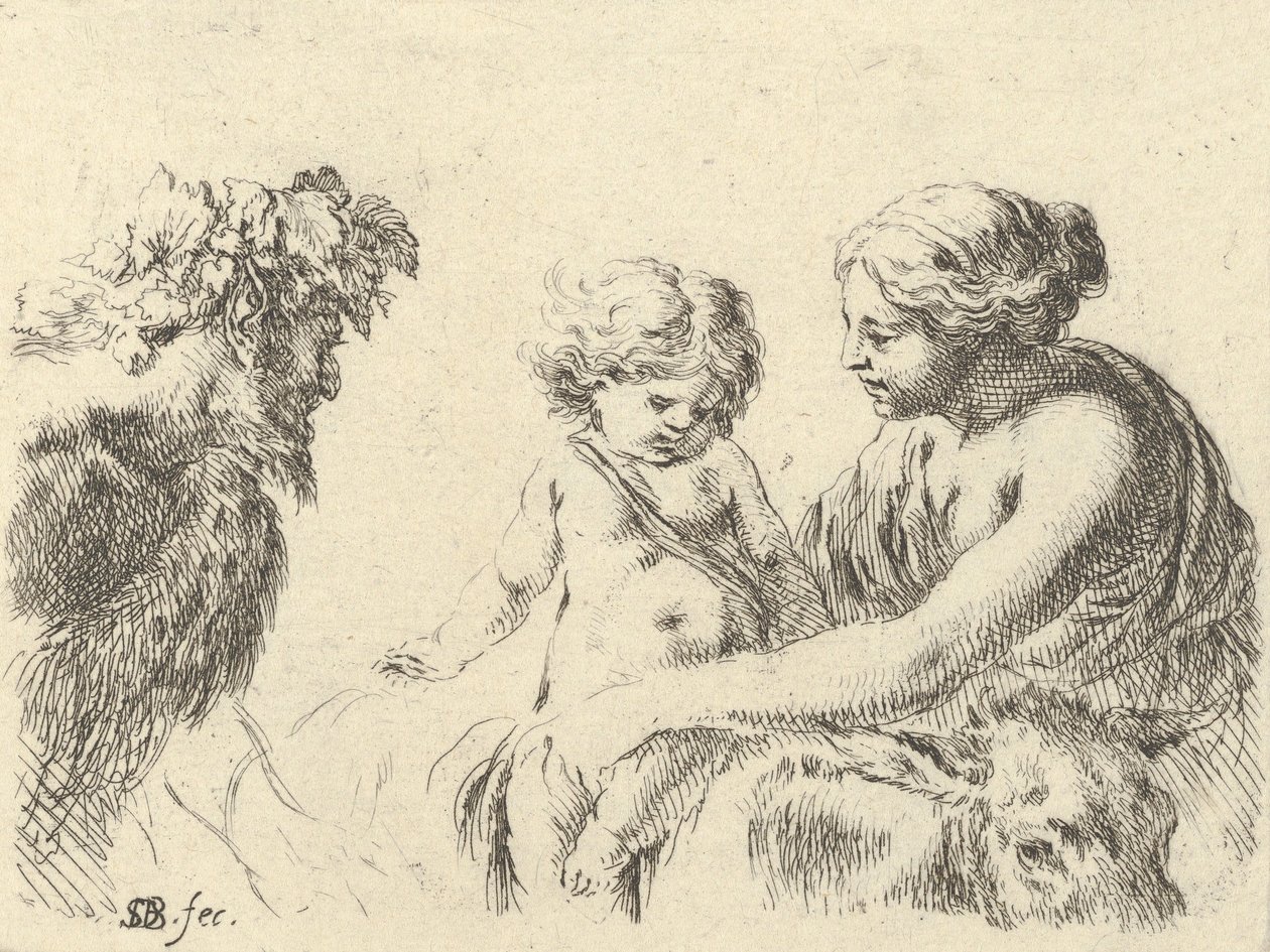 Piatto 6: una donna a destra che tiene il suo bambino seduto su un asino, un satiro a sinistra, ca. 1646 da Stefano della Bella