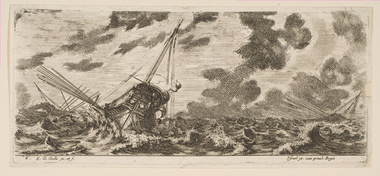 Tre navi in una tempesta, da Various Embarkations, ca. 1646-47 da Stefano della Bella