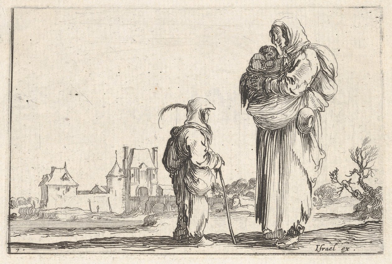Tavola 7: una contadina che porta un bambino a destra, parlando con un altro bambino in piedi..., ca. 1642 da Stefano della Bella
