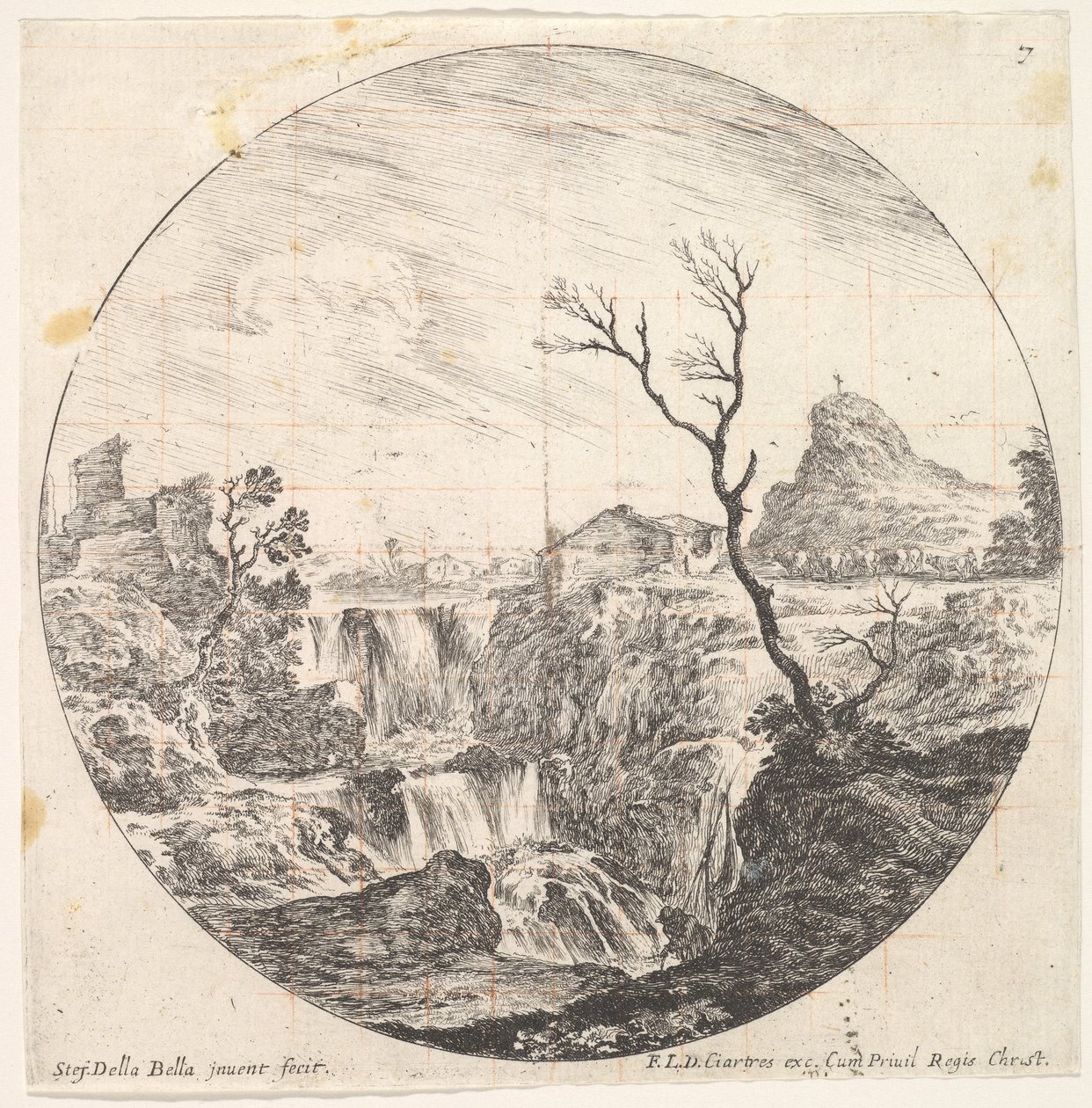 Tavola 7: una tripla cascata, un albero morto a destra, una montagna e un gregge di mucche, ca. 1643-48 da Stefano della Bella