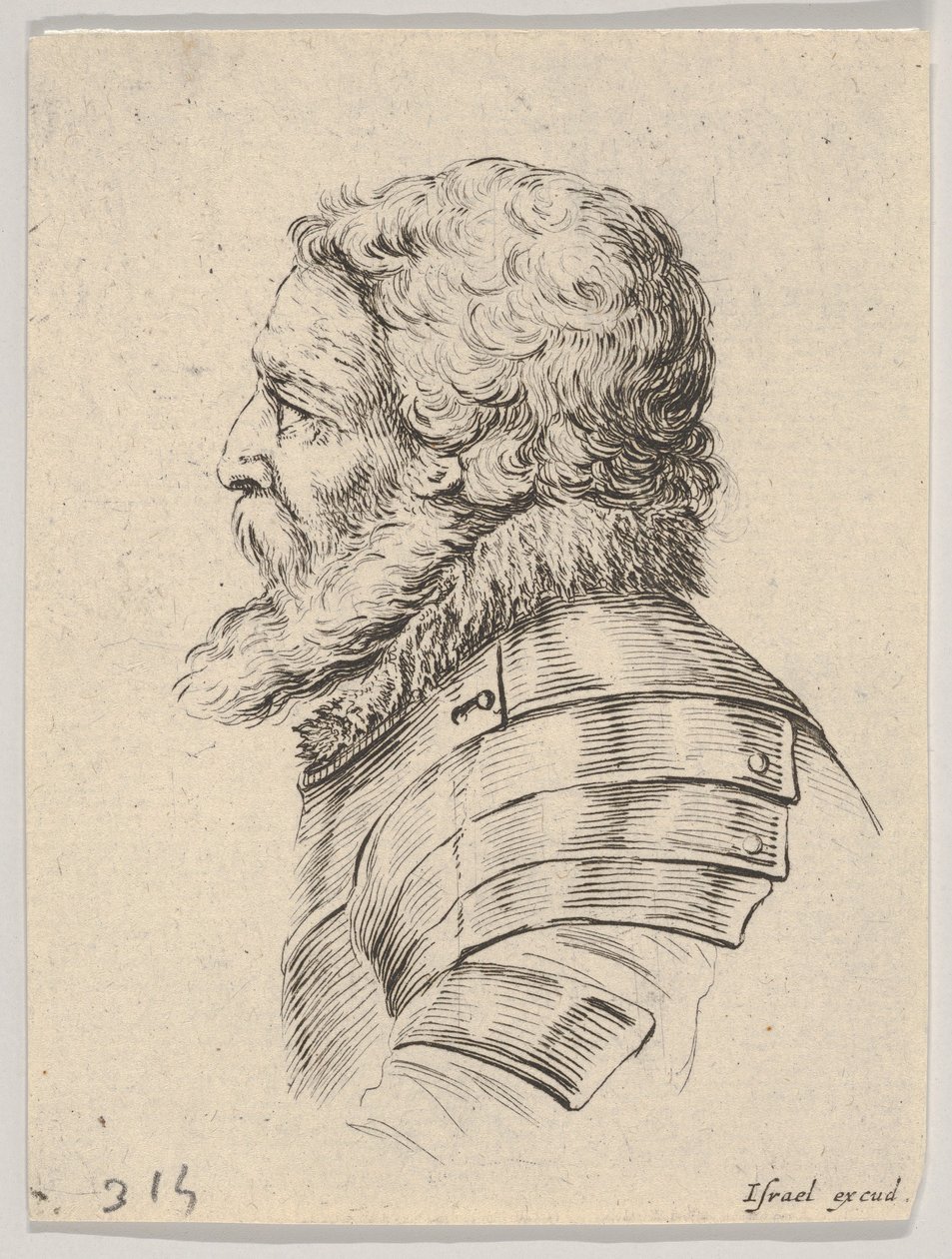 Tavola 7: busto di un soldato barbuto con armatura, rivolto a sinistra in profilo, da Vari elmi, 1650 da Stefano della Bella