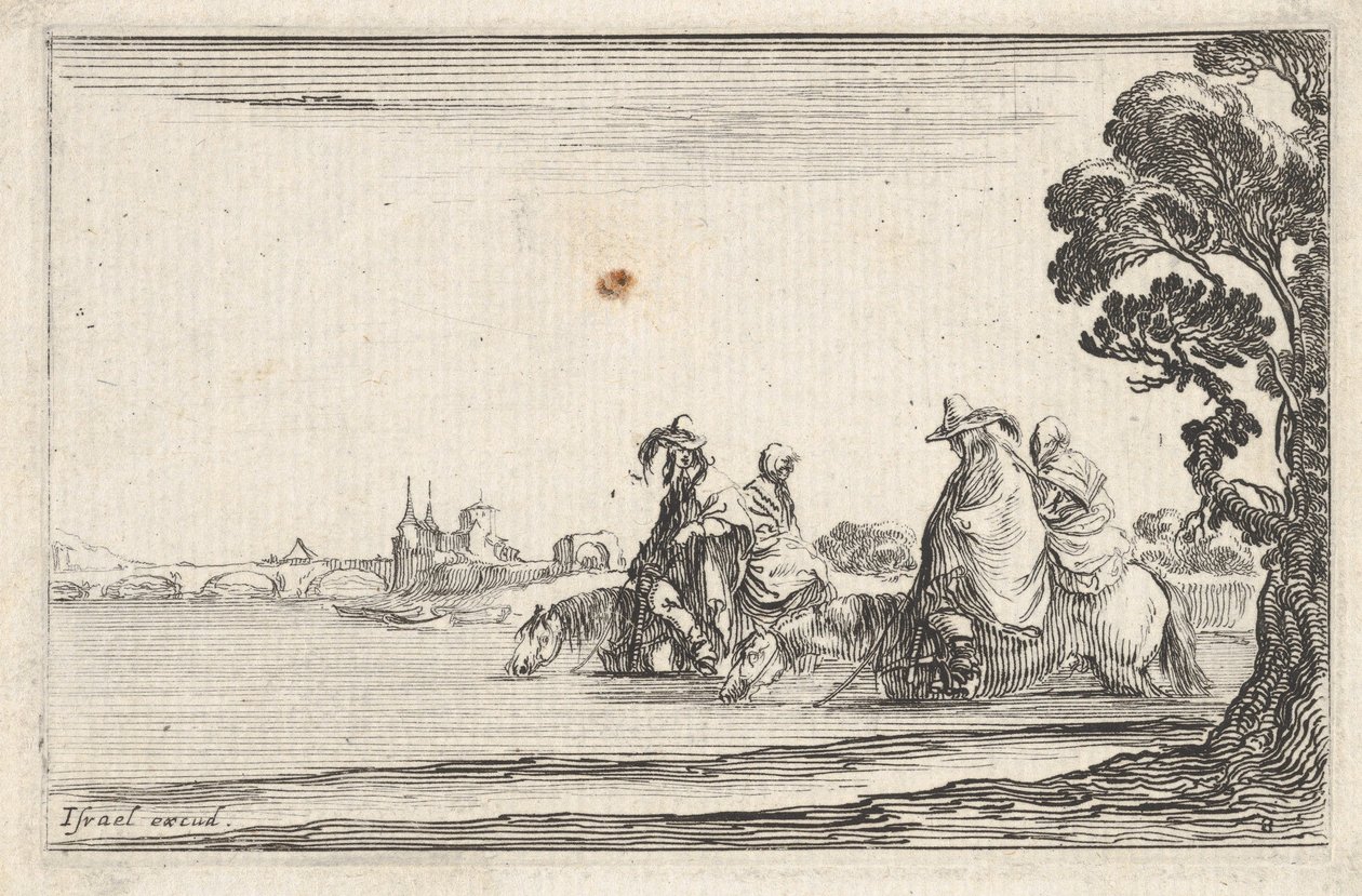 Tavola 8: due cavalieri con cappelli a destra, ciascuno con una donna seduta dietro di loro, ca. 1642 da Stefano della Bella