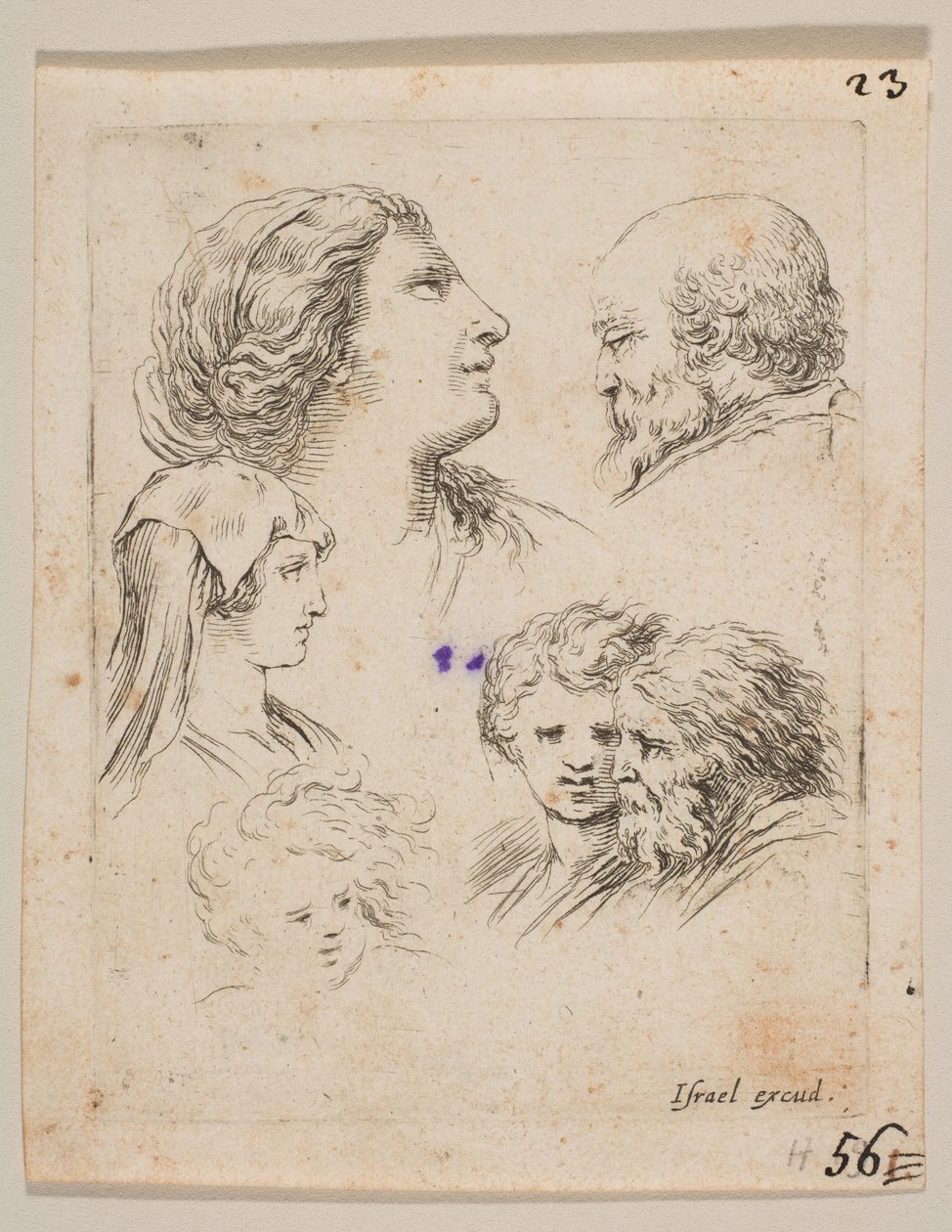 Cinque teste, due giovani donne a sinistra, un uomo barbuto in alto a destra, una giovane donna, ca. 1649 da Stefano della Bella