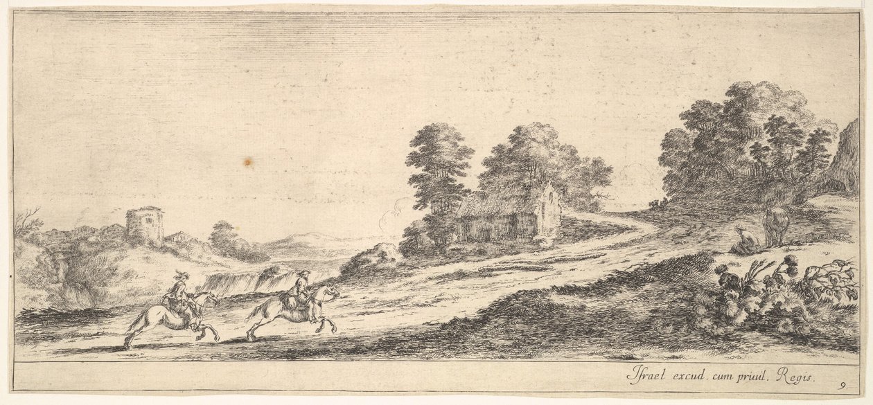 Due cavalieri a sinistra che galoppano in salita verso destra, un cavallo e un uomo seduto, ca. 1641 da Stefano della Bella