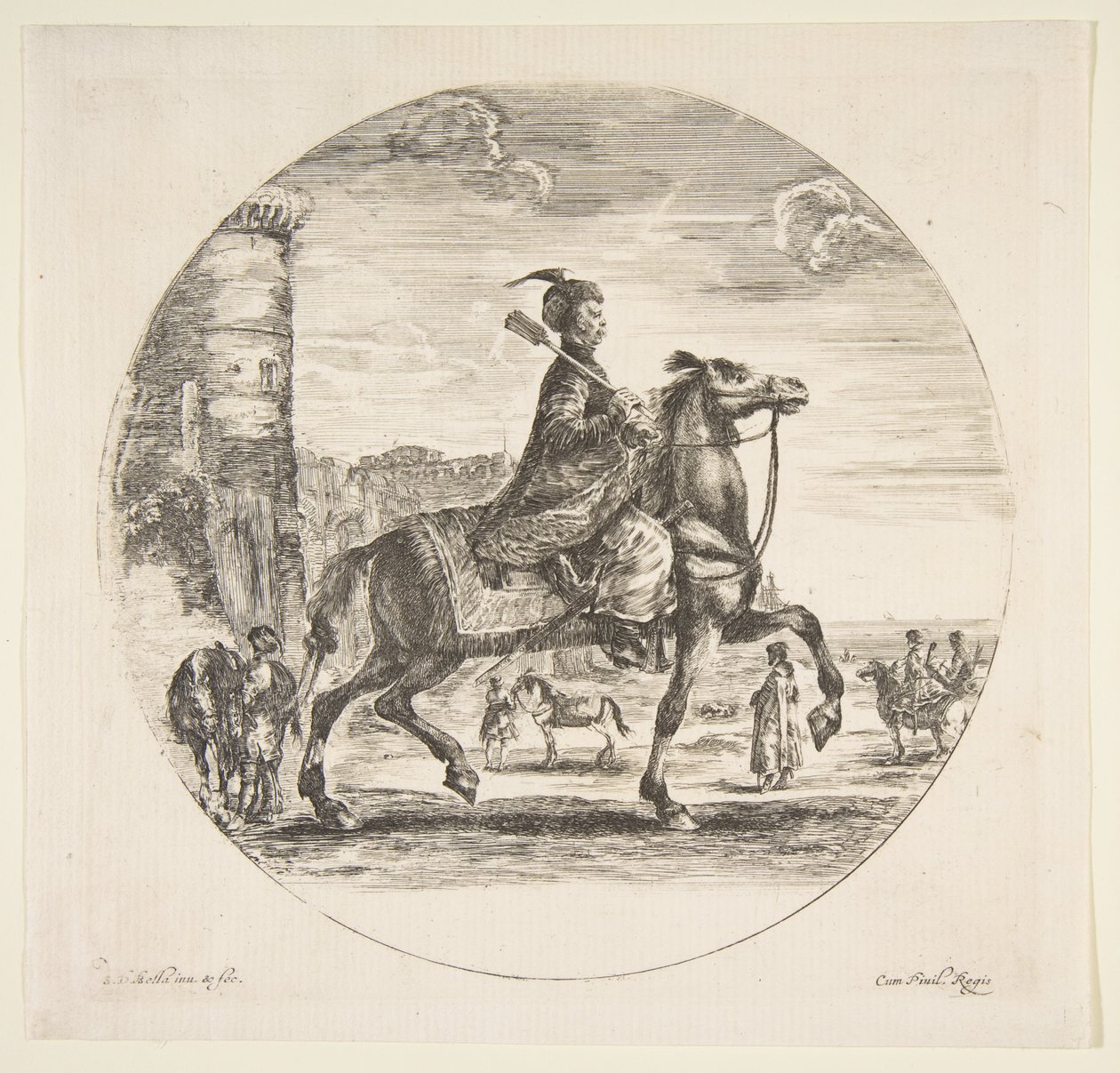 Cavaliere polacco di profilo rivolto a destra, una torre e altre figure a cavallo sullo sfondo, ca. 1651 da Stefano della Bella