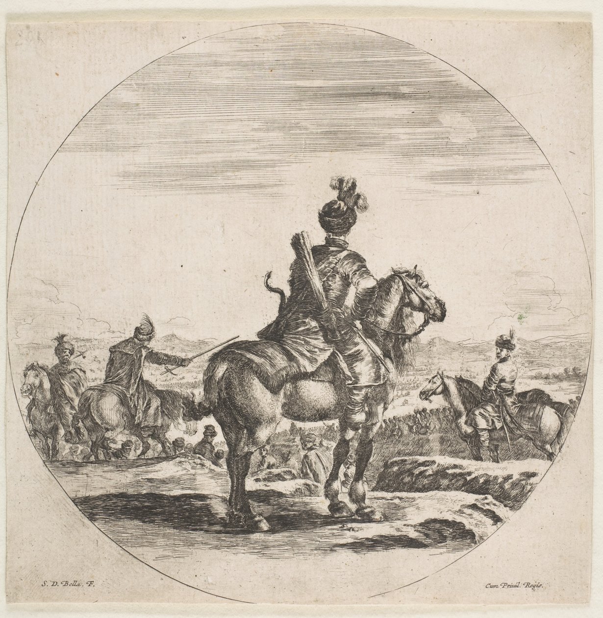 Cavaliere polacco con arco e freccia, visto da dietro con il cavallo rivolto a destra, ca. 1651 da Stefano della Bella