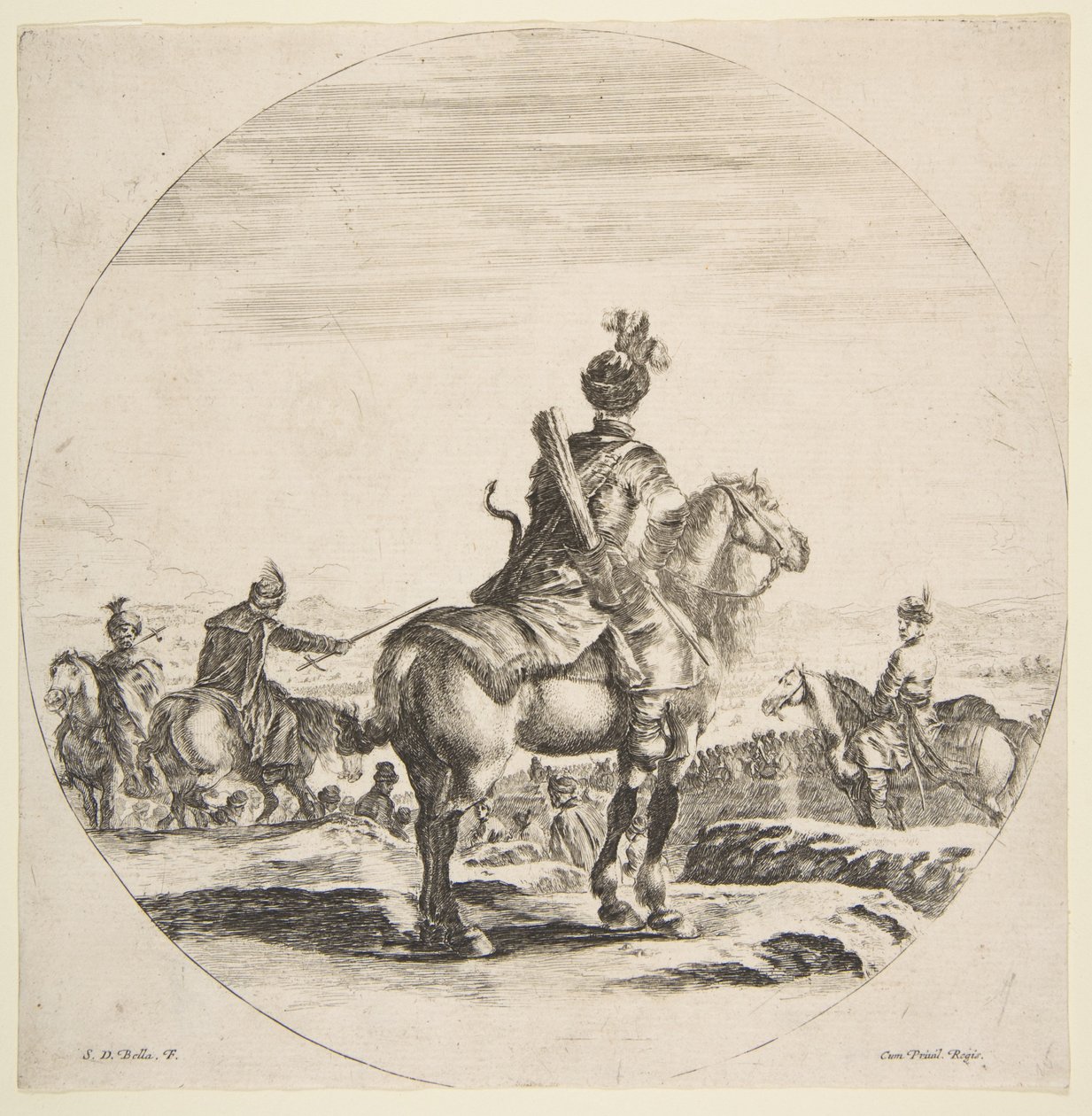 Cavaliere polacco con arco e freccia, visto da dietro con il suo cavallo rivolto a destra, ca. 1651 da Stefano della Bella