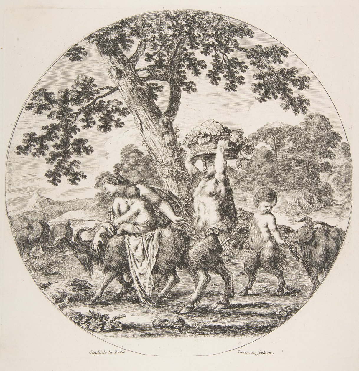 Famiglia di satiri che cammina verso sinistra con due capre e un cesto di uva, ca. 1657 da Stefano della Bella