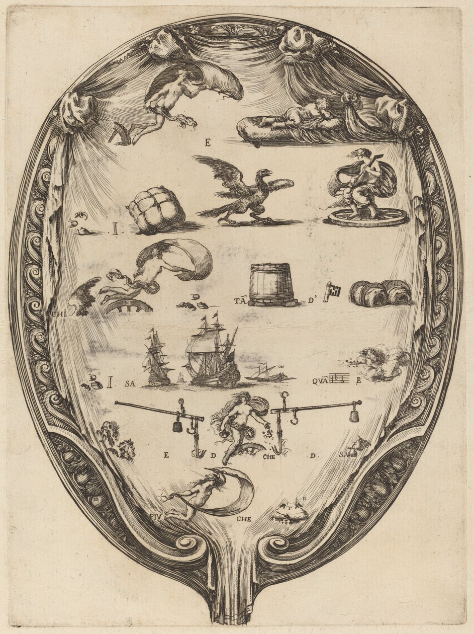 Schermo che raffigura il rebus italiano della Fortuna da Stefano della Bella