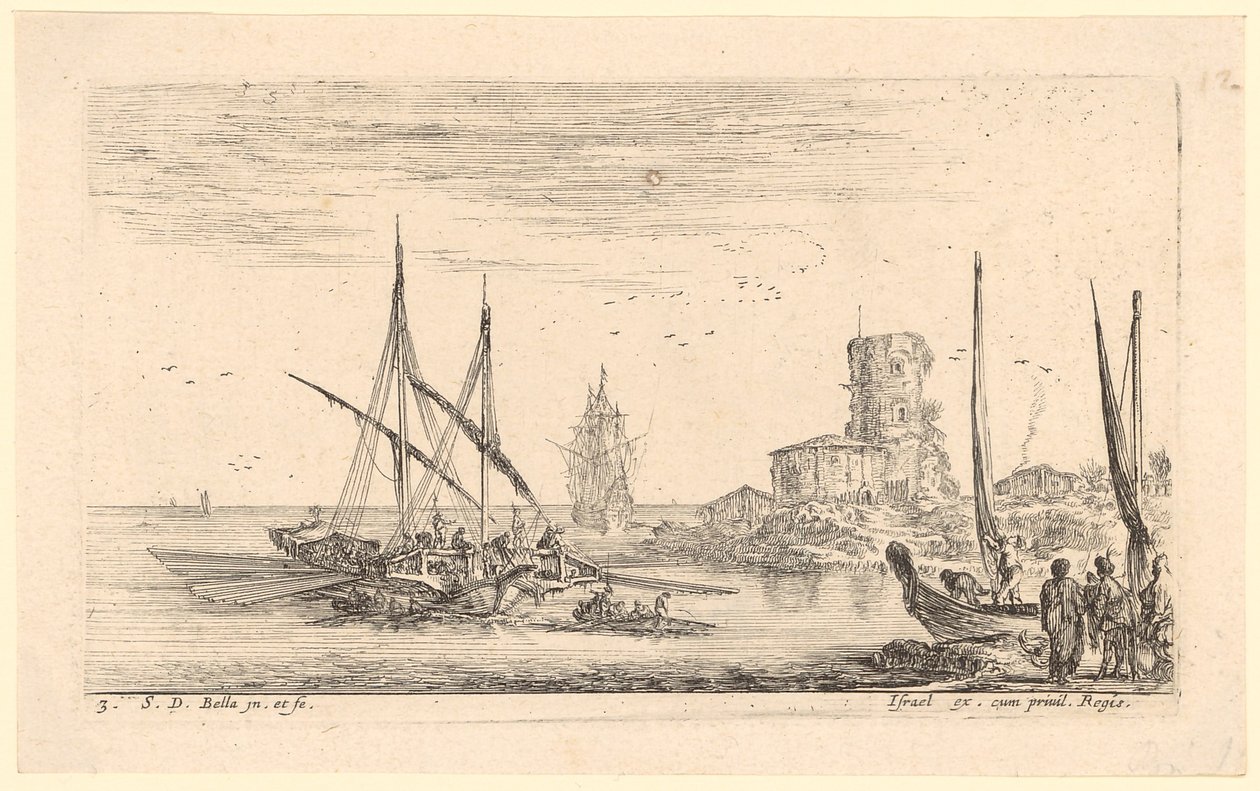 Paesaggio marino con diverse navi e un’antica torre sulla spiaggia da Stefano della Bella