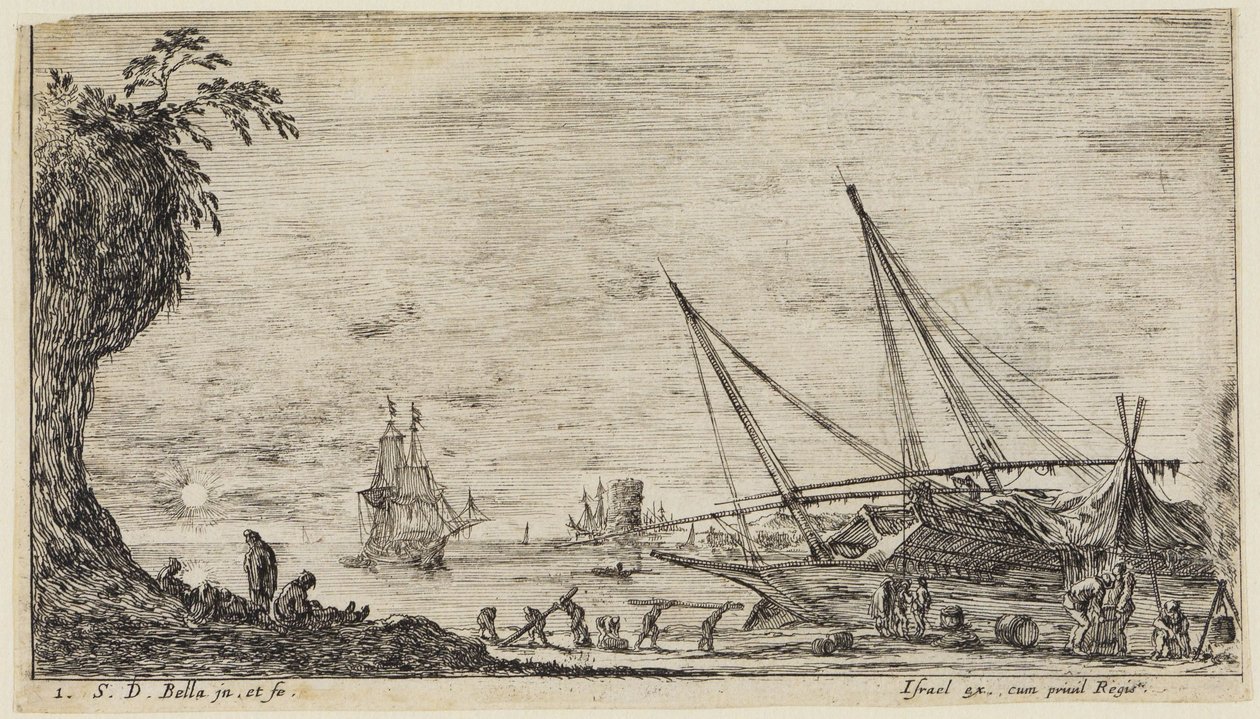 Paesaggi marini (Paysages maritimes): porto marittimo con marinai e operai che trasportano tronchi da Stefano della Bella