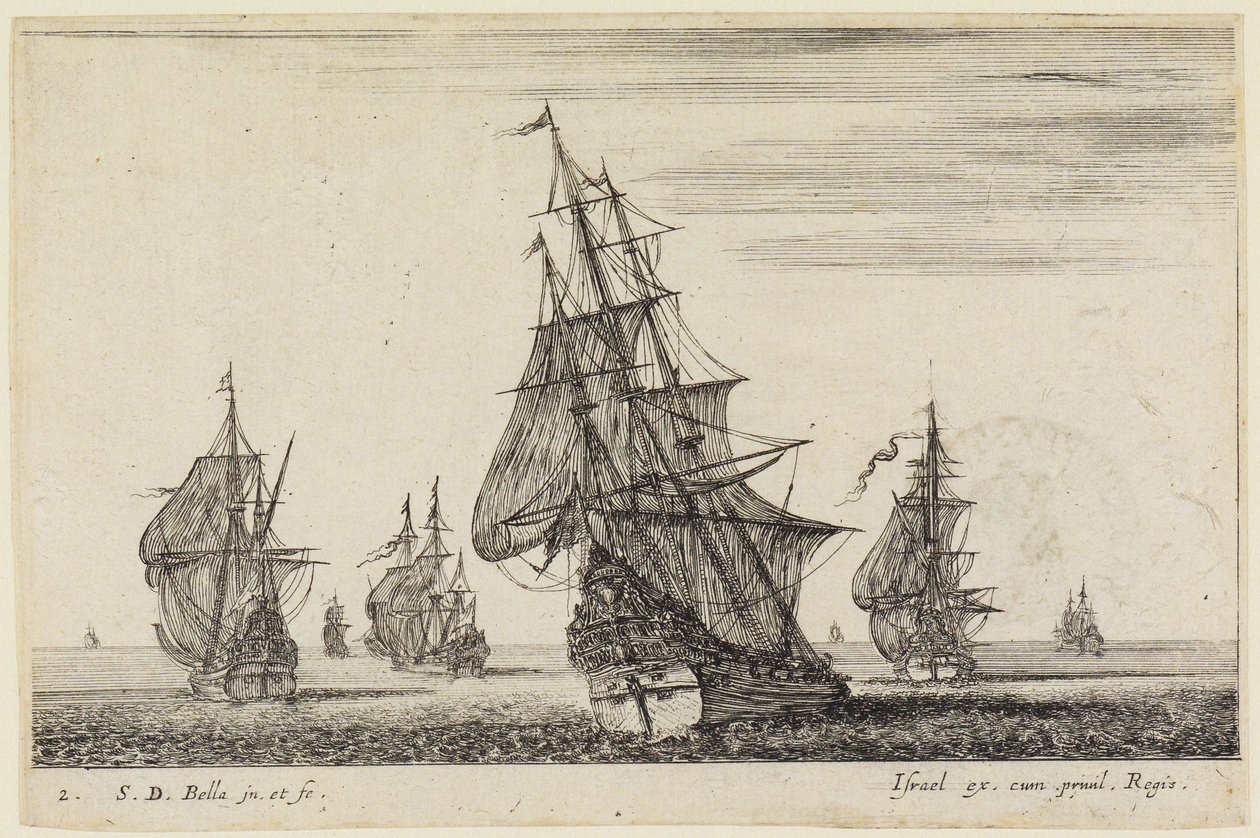 Paesaggi marini (Paysages maritimes): una nave che issa le vele in primo piano, altre sullo sfondo da Stefano della Bella