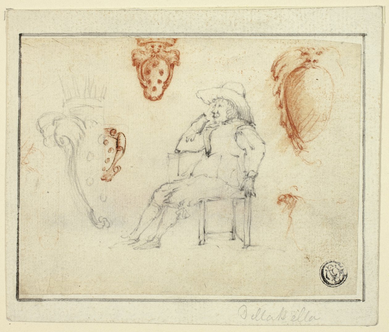 Schizzi di uomo seduto, stemmi dei Medici da Stefano della Bella