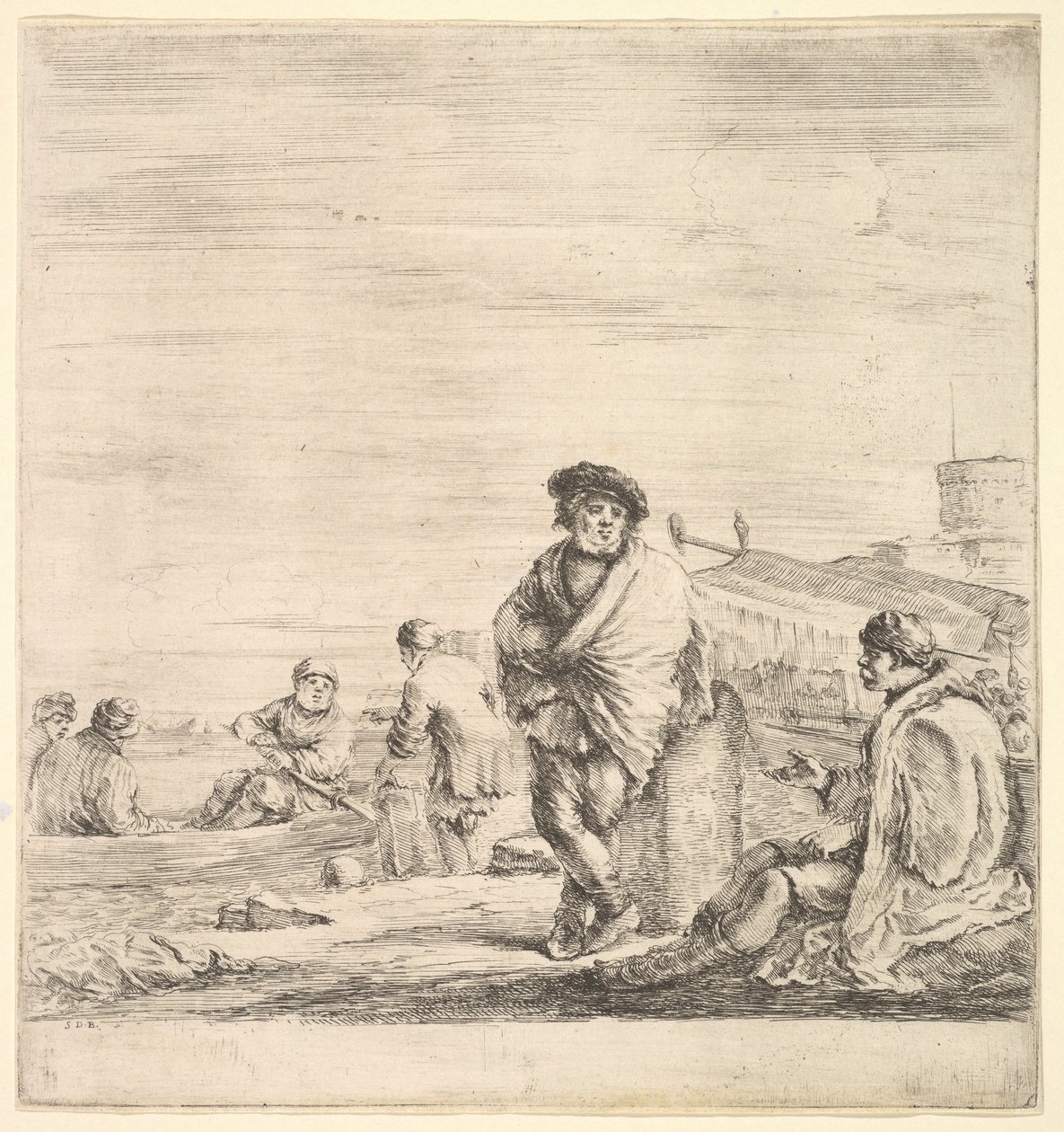 Marinaio in piedi al centro che parla con un uomo levantino seduto a sinistra, visto di profilo, ca. 1658-63 da Stefano della Bella