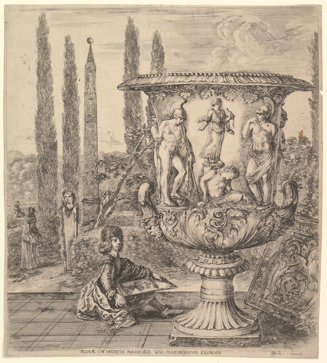 Il vaso Medici, un grande vaso a destra decorato con una rappresentazione del sacrificio da Stefano della Bella
