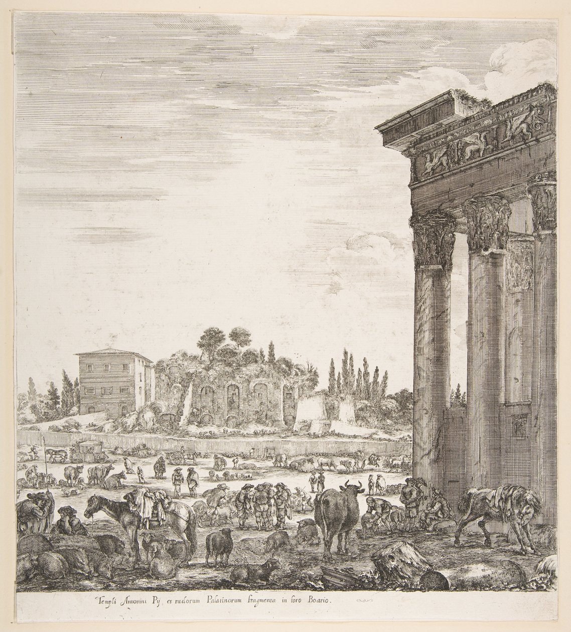 Le colonne del Tempio di Antonino a destra, parte del Campo Vaccino al centro da Stefano della Bella