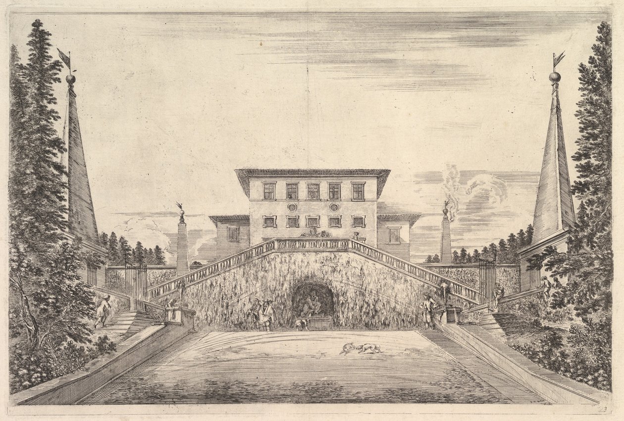 La villa al centro fiancheggiata da quattro obelischi, una scala su entrambi i lati, una statua, ca. 1653 da Stefano della Bella
