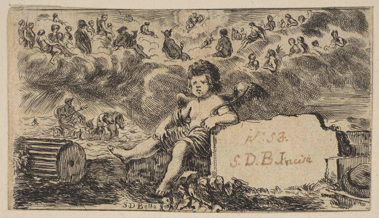 Pagina del titolo: Cupido, da Gioco della Mitologia, 1644 da Stefano della Bella