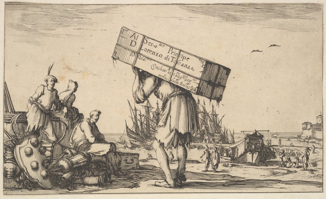 Pagina del titolo: un uomo che porta una cassa sulla schiena al centro, tre uomini che lo guardano, 1639 da Stefano della Bella