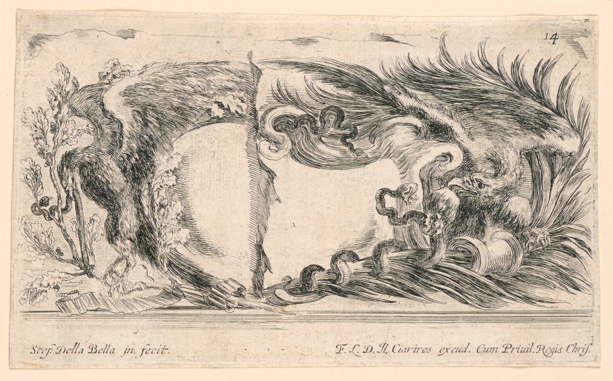 Due metà di stemmi, n. 14 da "Raccolta di varii cappriccii et nove inventioni di cartelle et ornamenti" da Stefano della Bella