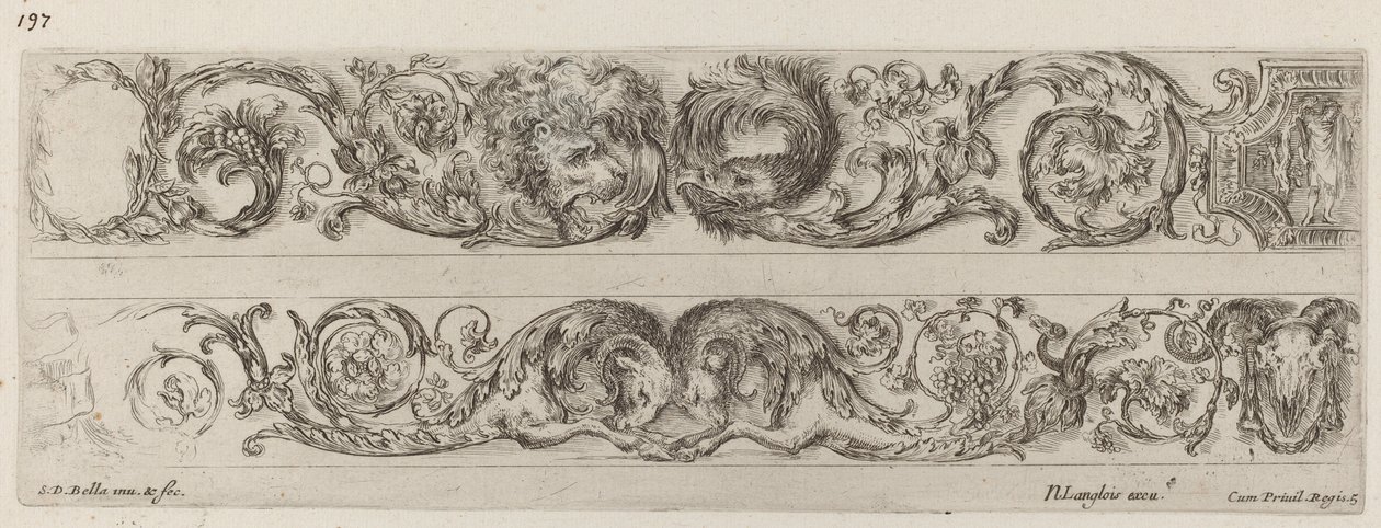 Due bande ornamentali con teste di leone e aquila, e due arieti, probabilmente 1648 da Stefano della Bella
