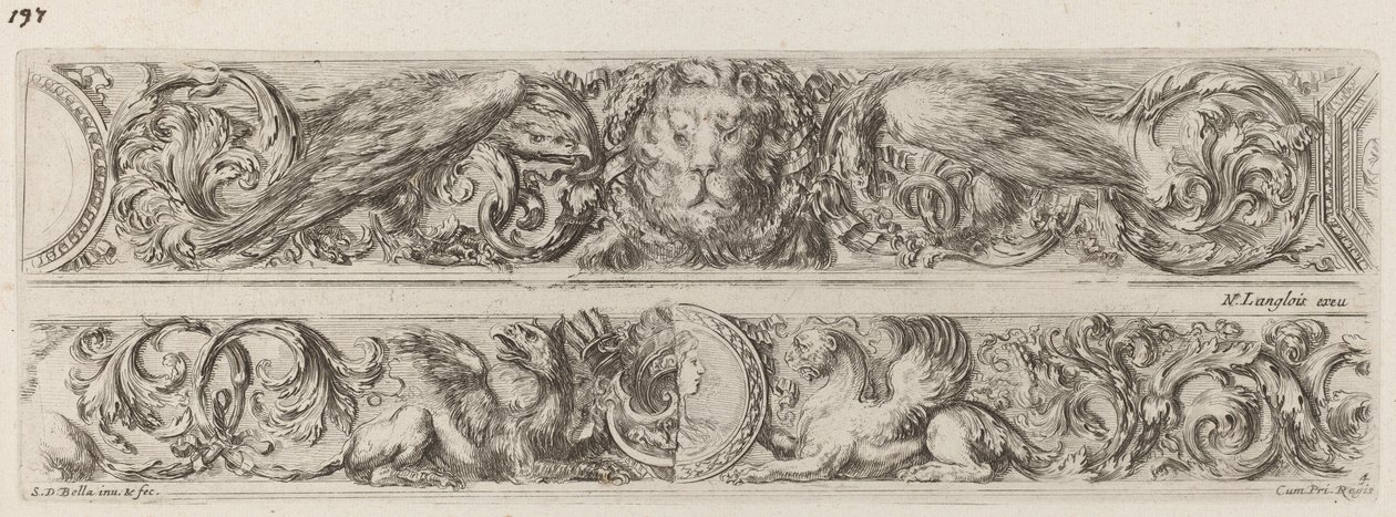 Due bande ornamentali con testa di leone e donna, probabilmente 1648 da Stefano della Bella